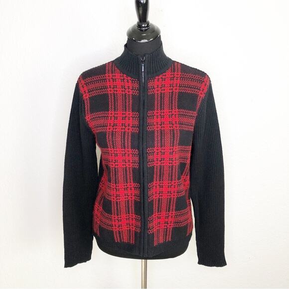 Pendleton black red plaid full zip silk blend cardigan size Medium - Picture 1 of 14